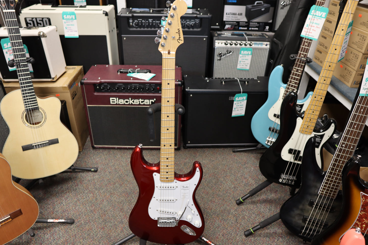 Fender Standard Stratocaster®, Maple Fingerboard, White Pickguard, Candy Cola