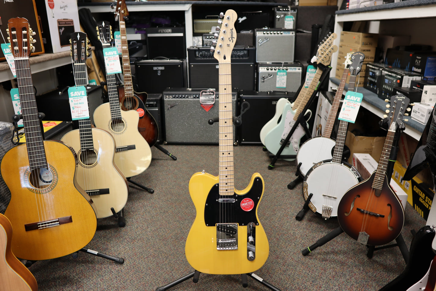 Squier Sonic® Telecaster®, Maple Fingerboard, Black Pickguard, Butterscotch Blonde