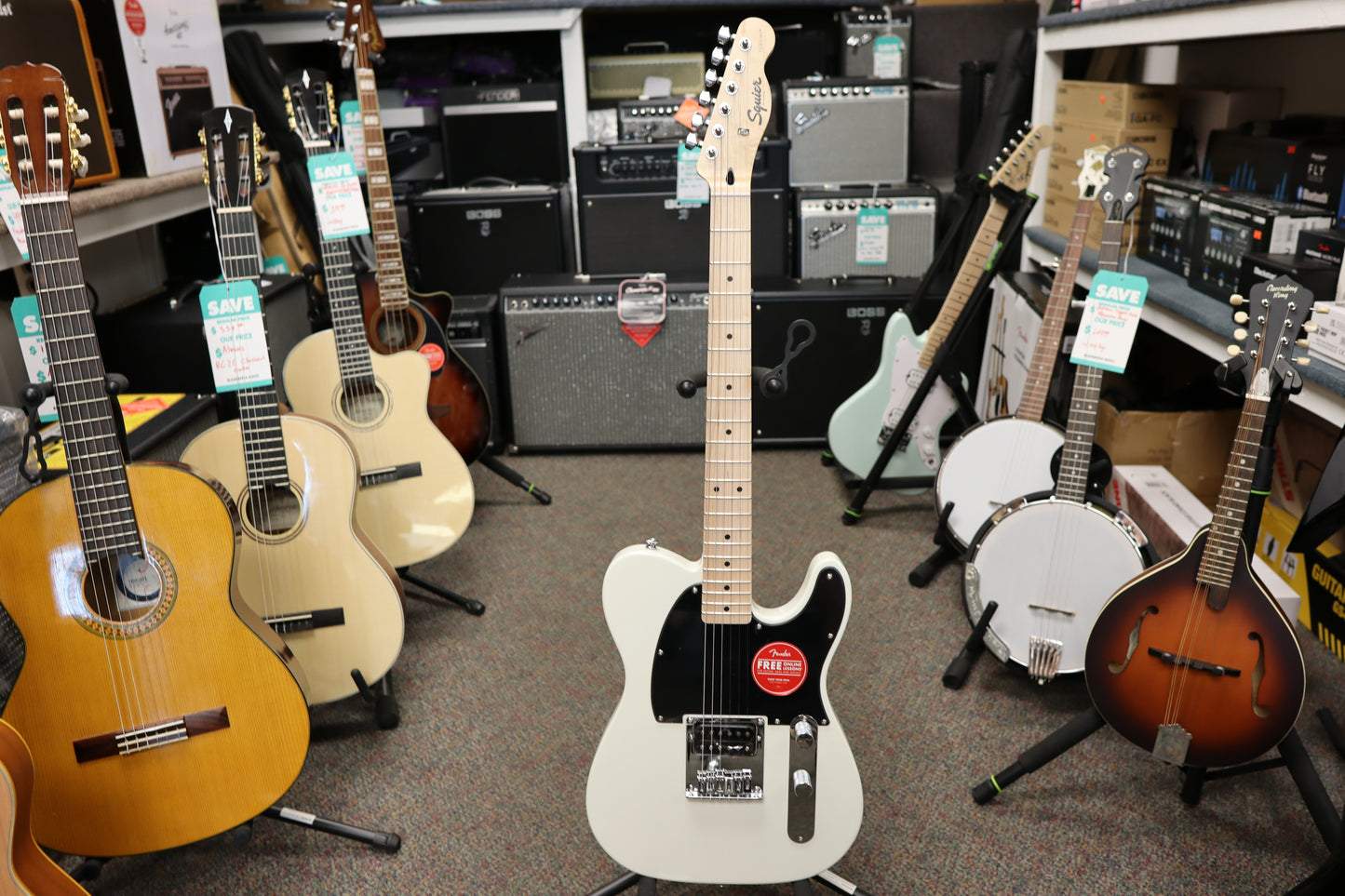 Squier Sonic® Esquire® H, Maple Fingerboard, Black Pickguard, Arctic White
