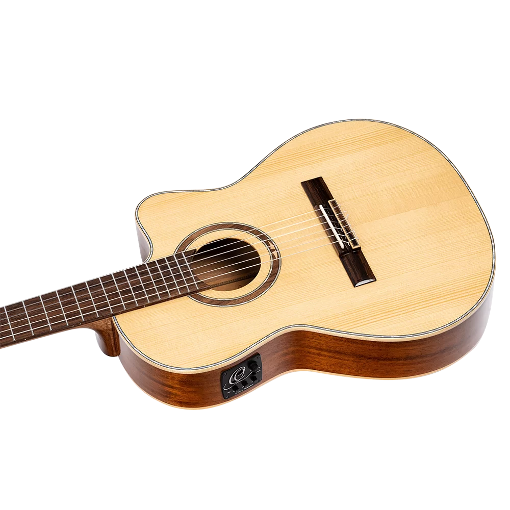 Ortega RCE138-T4 Performer Series Solid Top Thinline Crossover Acoustic-Electric Nylon Classical Guitar w/Bag, Right Handed