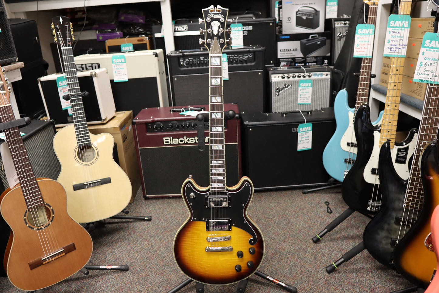 D'Angelico Deluxe Brighton Electric Guitar - Vintage Sunburst with Stopbar Tailpiece