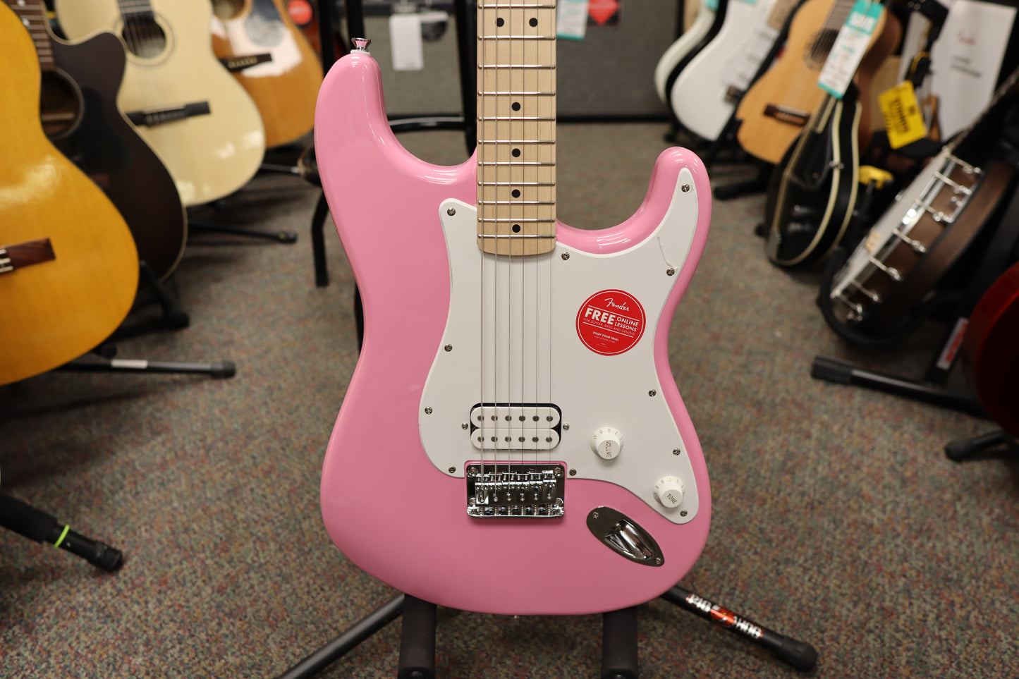 Squier Sonic® Stratocaster® HT H, Maple Fingerboard, White Pickguard, Flash Pink